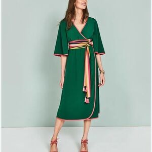 Boden Green Long Sleeve Wrap Dress with Pink Accents